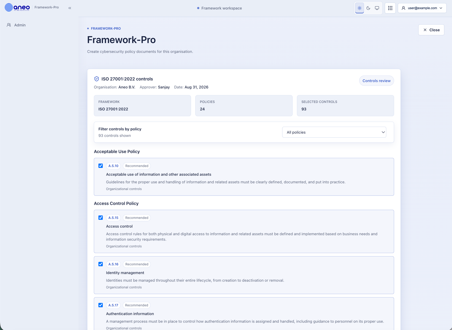 Framework-Pro control-selection screen showing recommended controls, explanations, and selection checkboxes