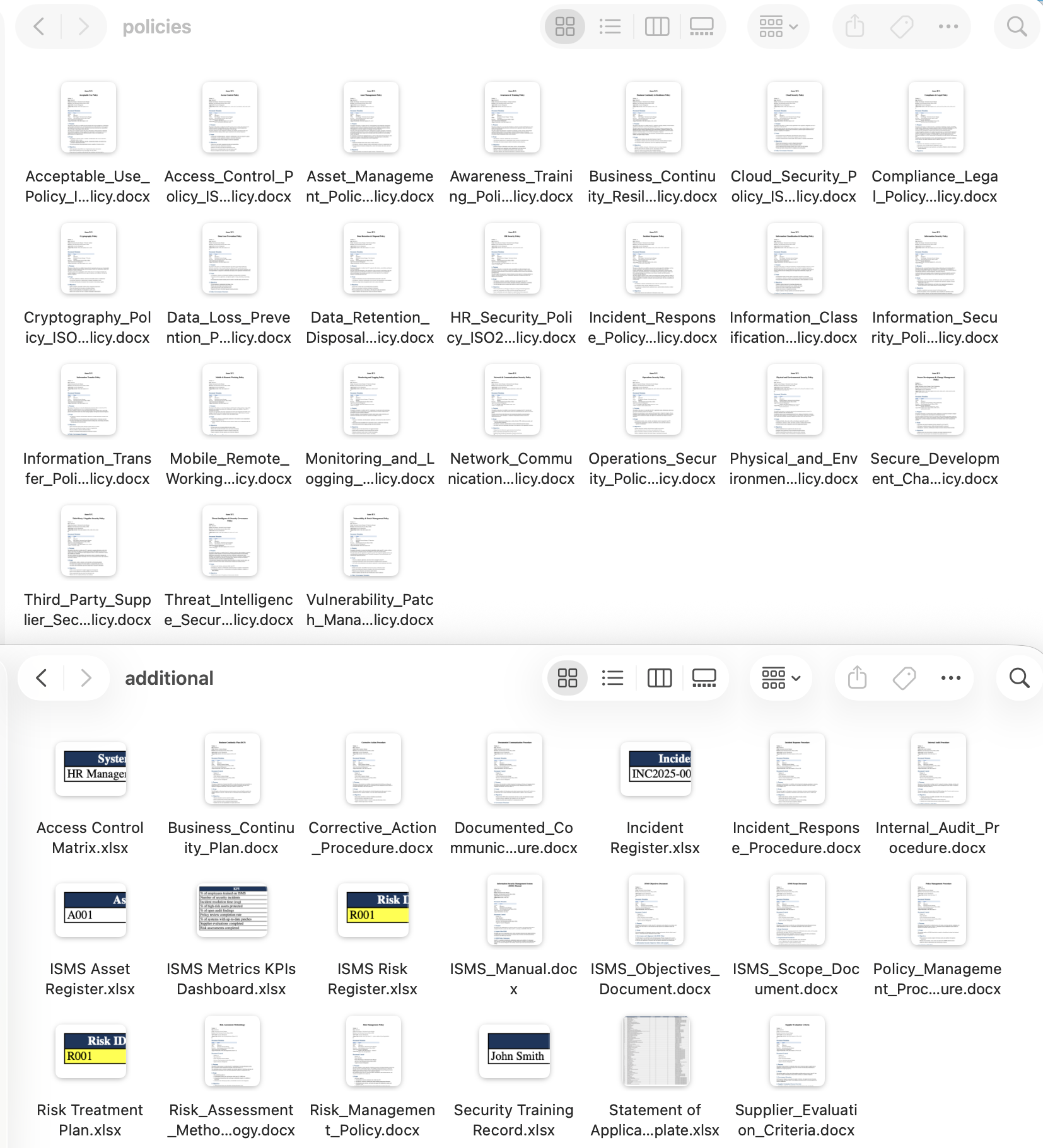 Finder view showing a Framework-Pro generated policy folder and supporting documents folder