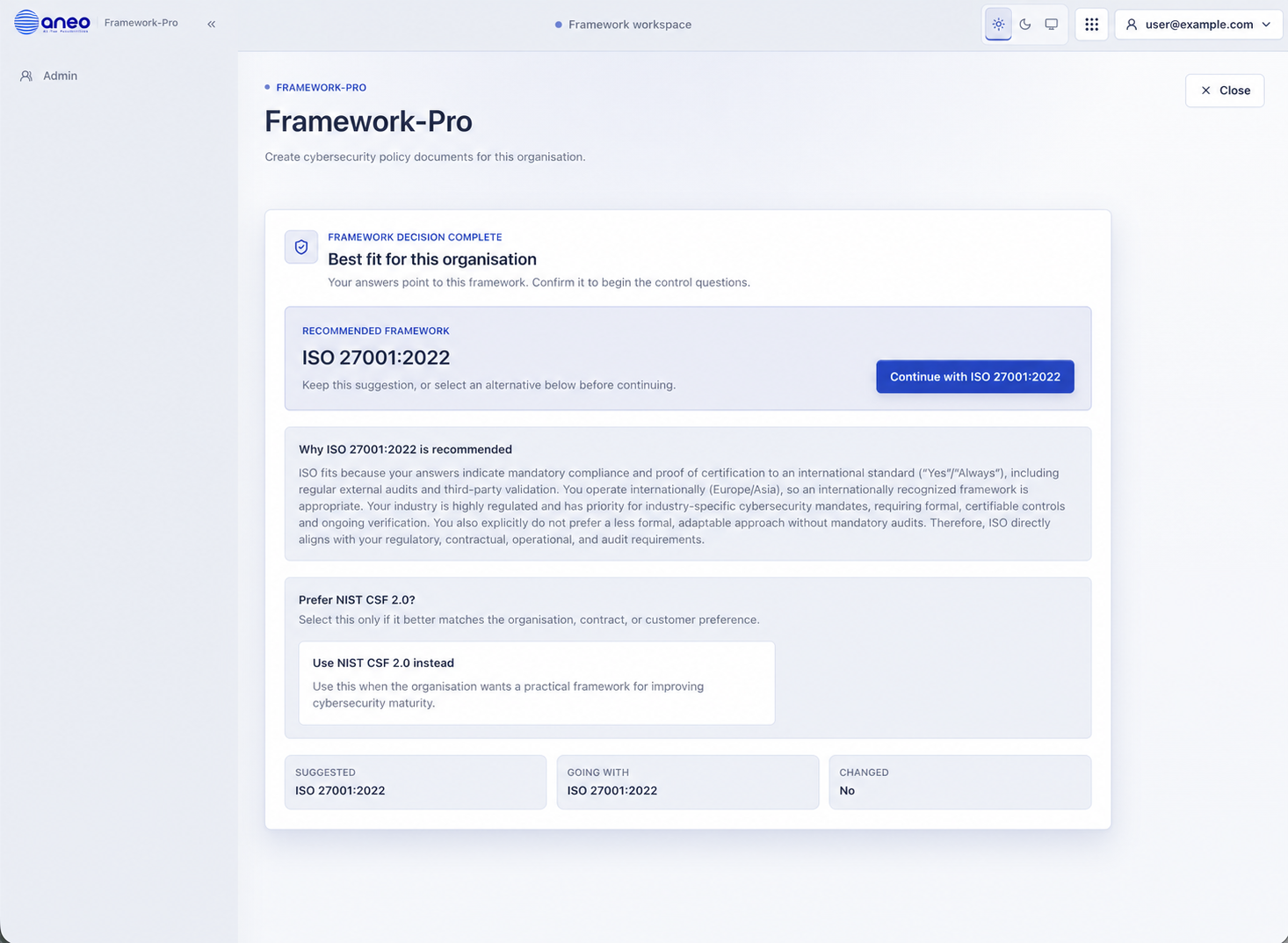 Framework-Pro framework recommendation screen showing an ISO 27001:2022 recommendation and rationale