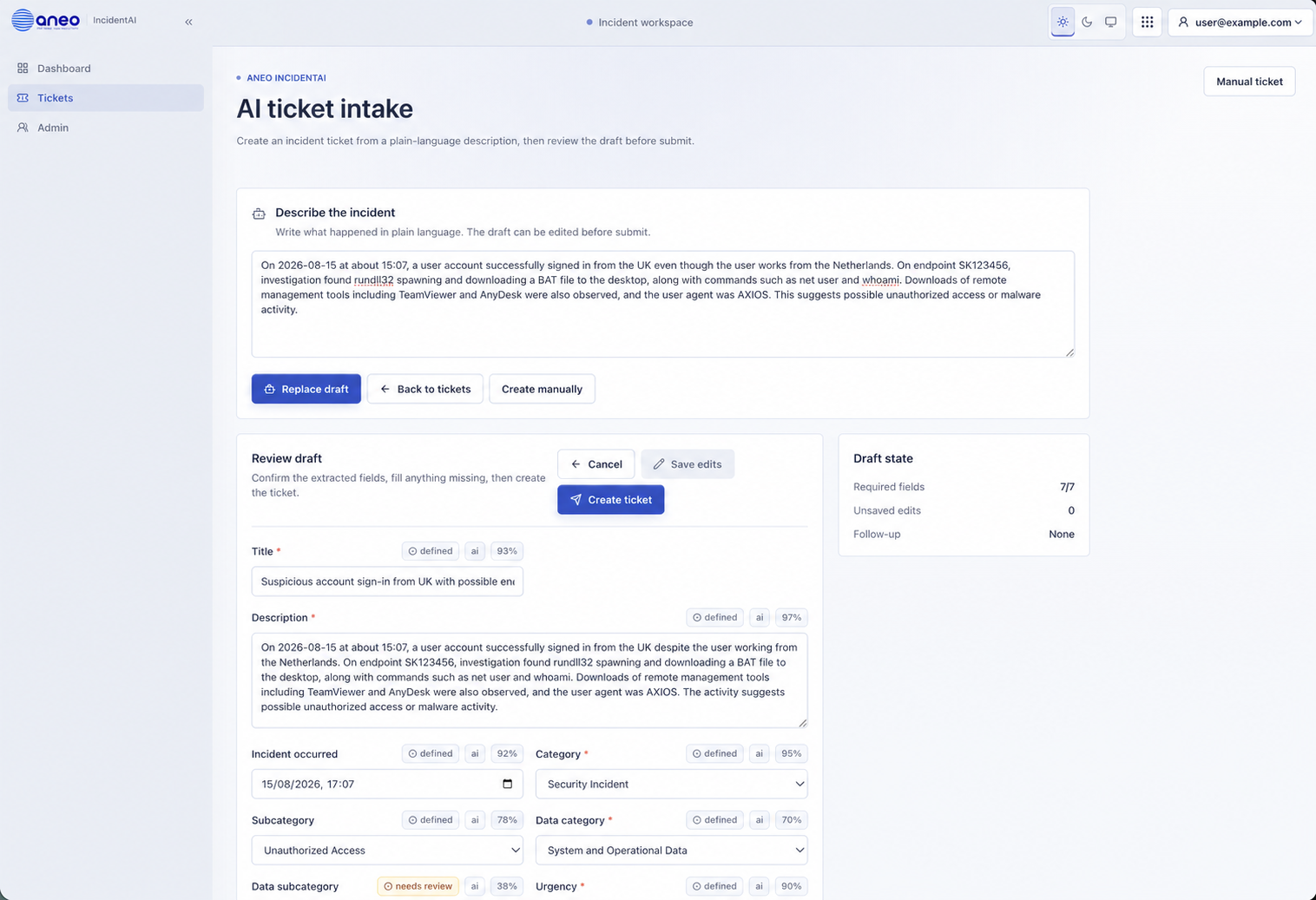 IncidentAI AI ticket intake showing a plain-language incident description and populated fields with confidence and review status