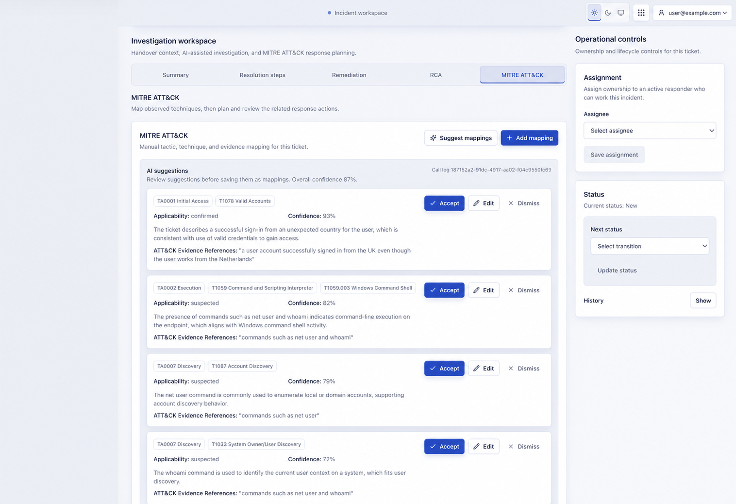 IncidentAI MITRE ATT&CK workspace showing AI mapping suggestions, confidence, evidence references, and analyst controls