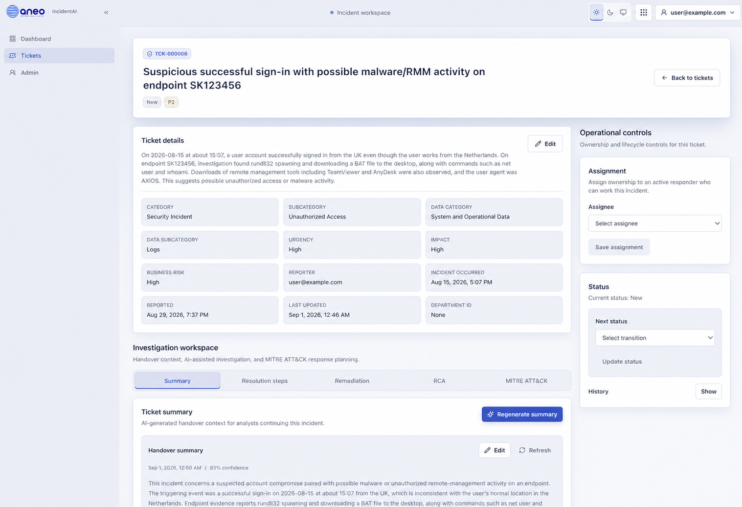 IncidentAI ticket workspace showing incident details, ownership controls, status, and an AI-generated summary